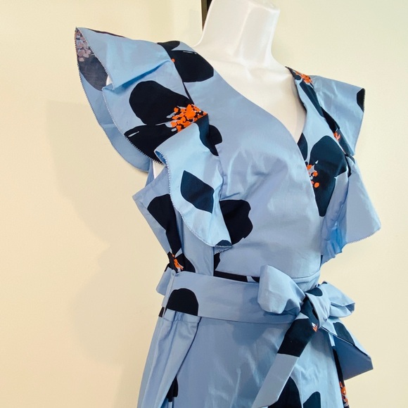 Kate Spade Tea Garden Blue & Orange Floral Print Cotton Midi Dress - Picture 3 of 13